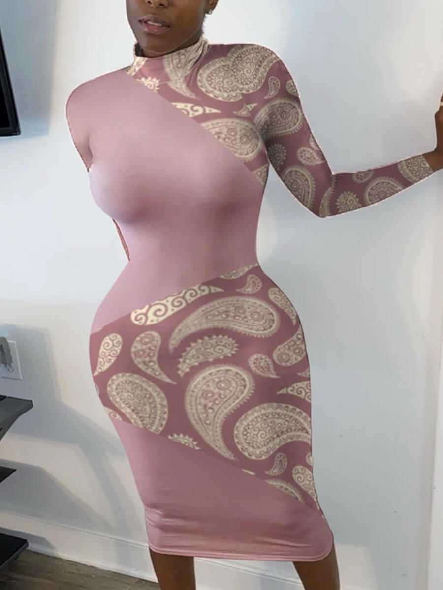 

Lovely Casual Turtleneck Print Patchwork Pink Knee Length Dress