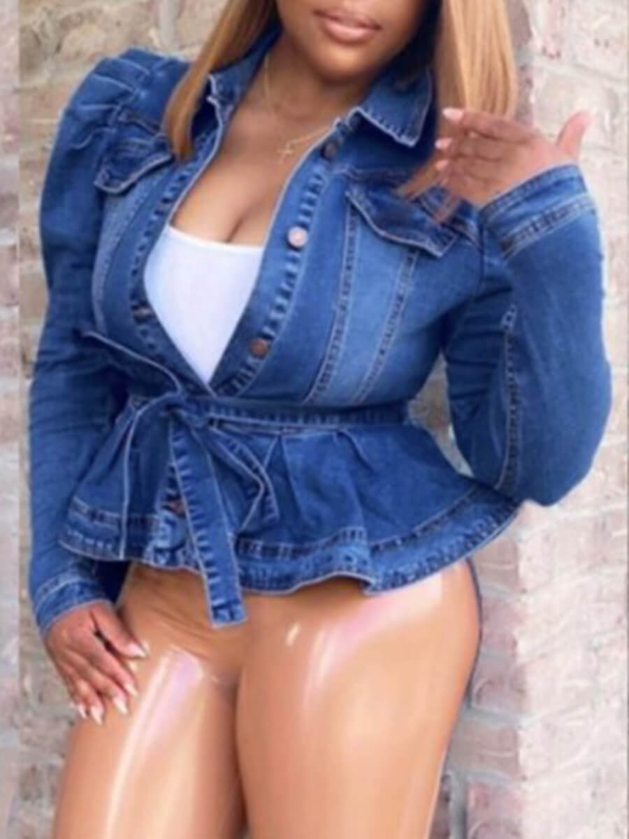 

Lovely Sweet Turndown Collar Fold Design Blue Denim Jacket