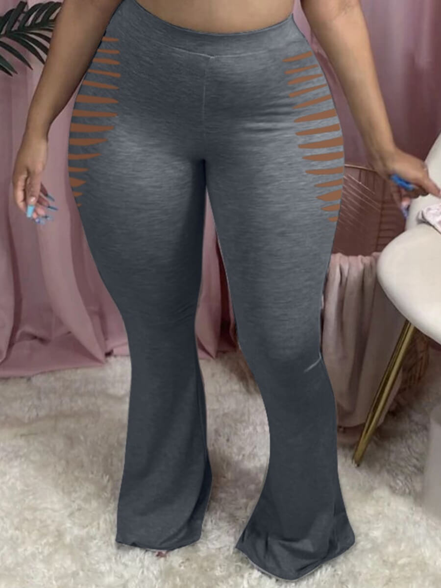 

Lovely Trendy Ripped Flared Grey Plus Size Pants