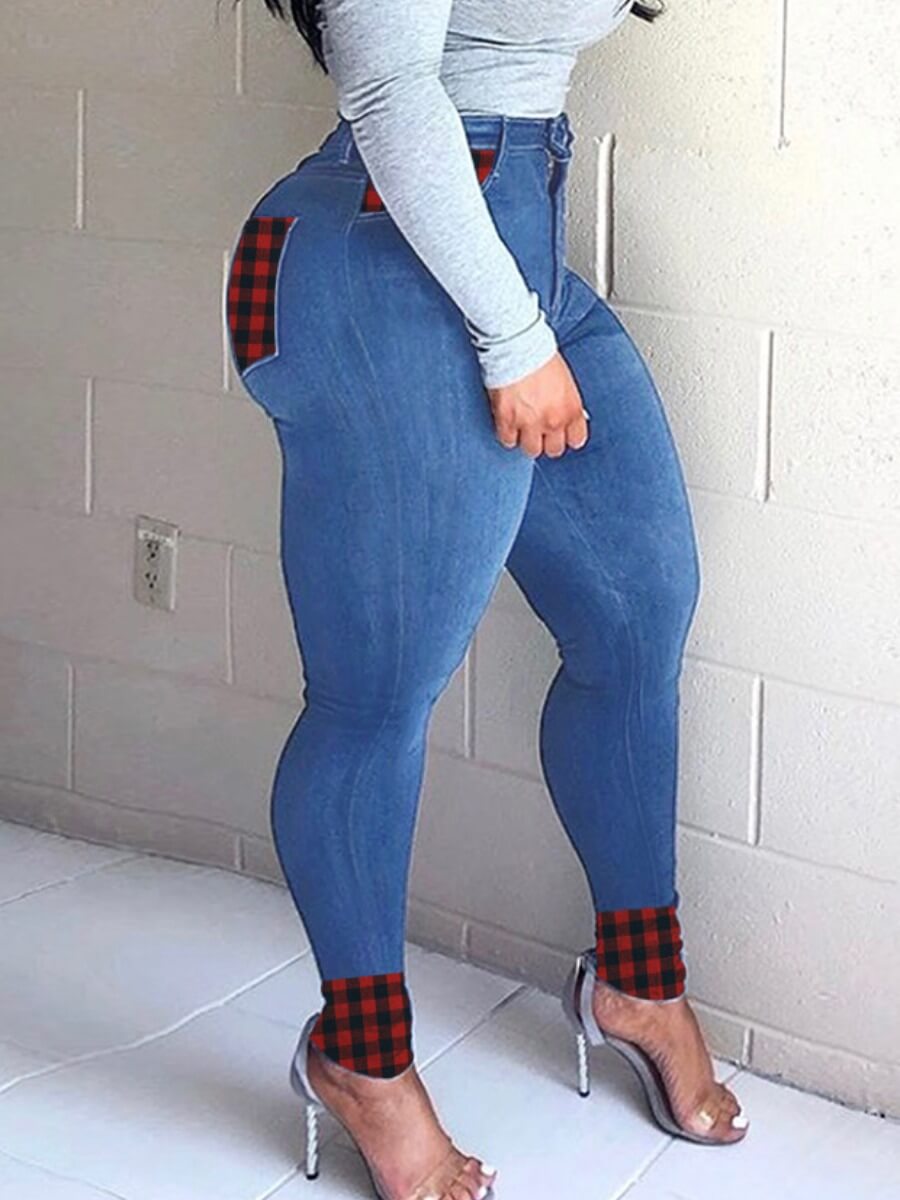 

Lovely Trendy High-waisted Plaid Print Patchwork Blue Plus Size Jeans