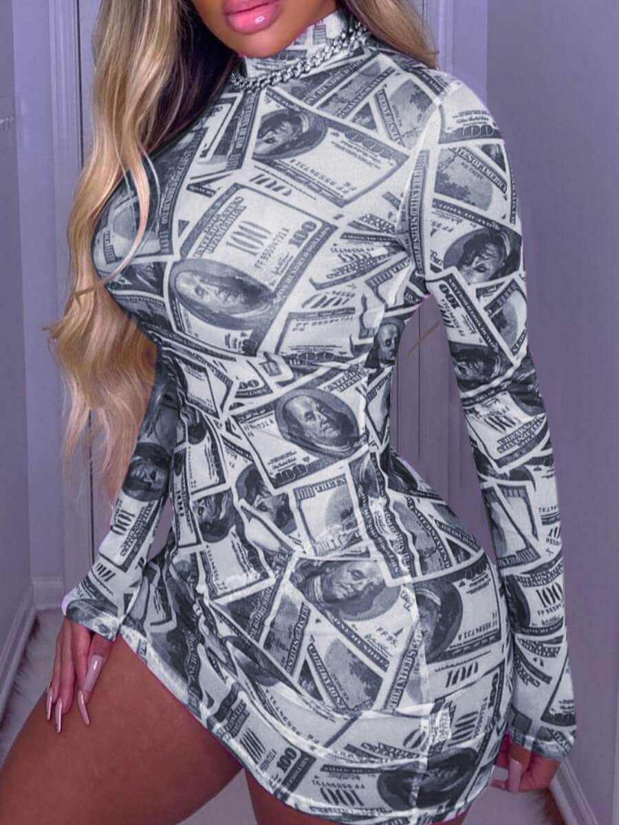 

Lovely Street Money Print Patchwork Grey Mini Dress