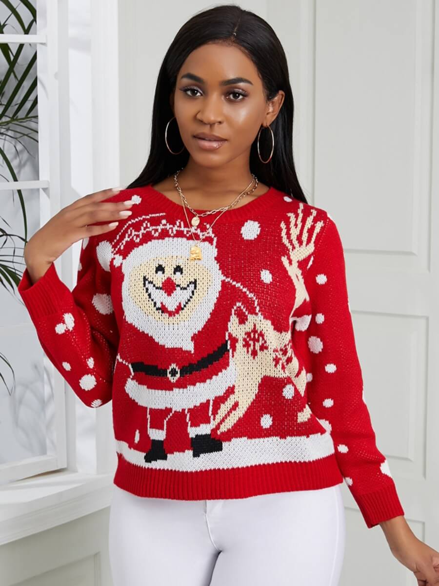 

Lovely Sweet Santa Claus Print Patchwork Red Sweater