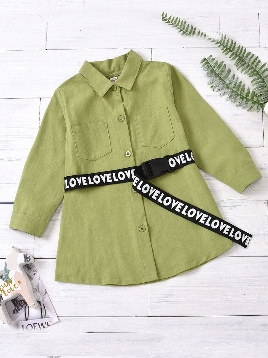 

Lovely Casual Button Pocket Design Green Girl Blouse(With Belt