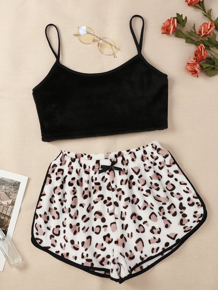 

Lovely Casual Leopard Print Bow-tie Decoration Black Sleepwear
