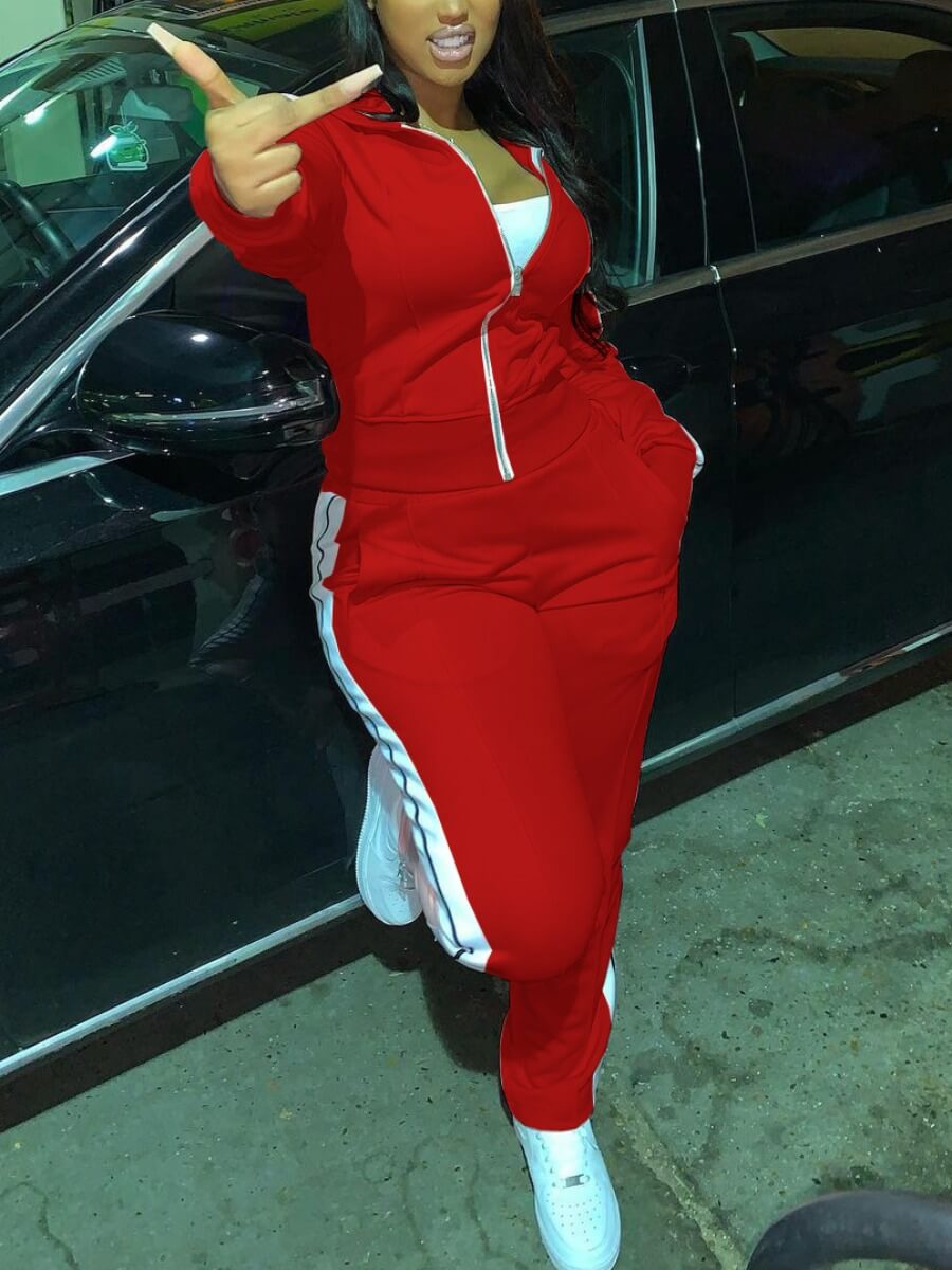 

Lovely Sportswear Striped Zipper Design Red Two Piece Pants Set