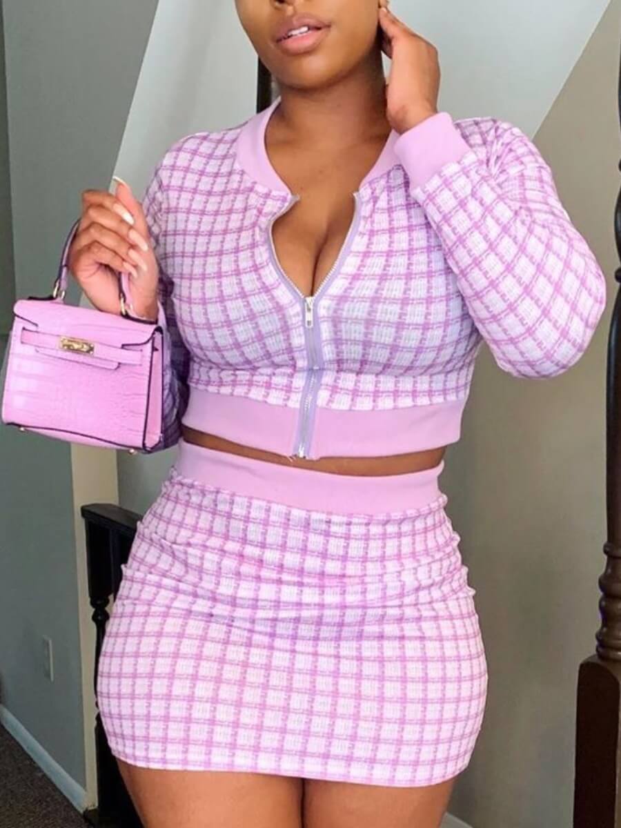 

Lovely Chic Plaid Print Zipper Design Purple Two Piece Skirt Set