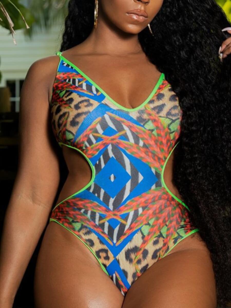 

Lovely Trendy Print Bandage Hollow-out Design Blue One-piece Swimsuit