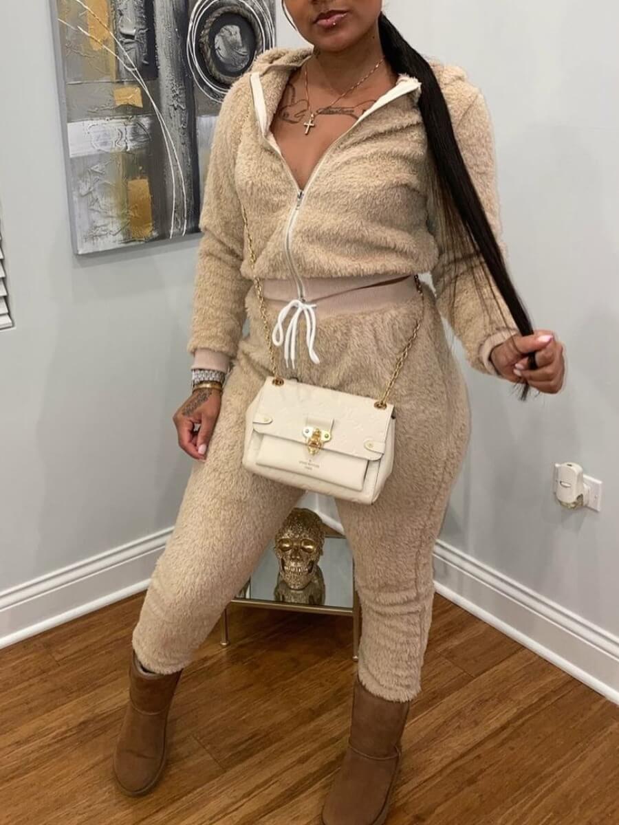 

Lovely Casual Hooded Collar Drawstring Apricot Two Piece Pants Set