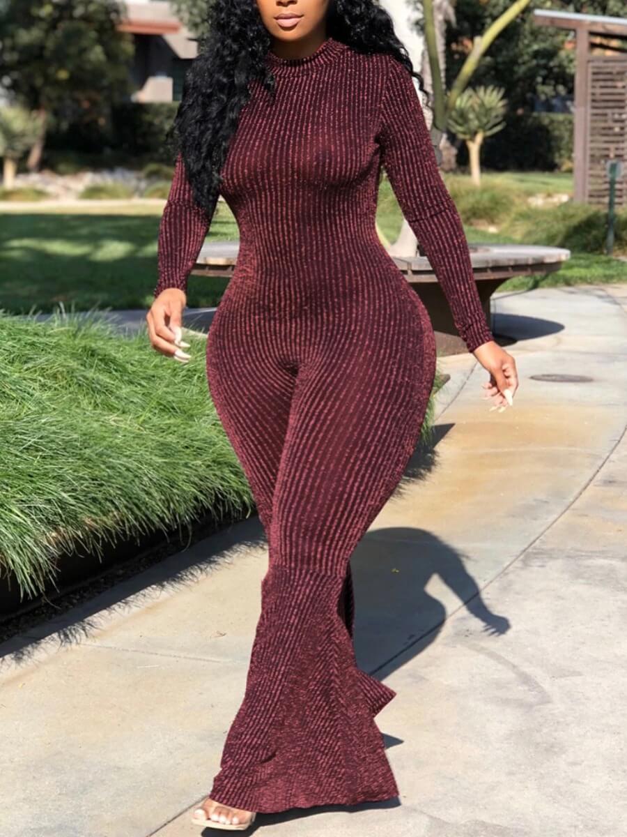 

Lovely Party See-through Flared Wine Red Plus Size One-piece Jumpsuit