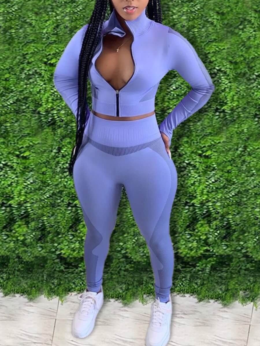 

LW BASICS Sportswear Print Patchwork Zipper Design Purple Two Piece Pants Set