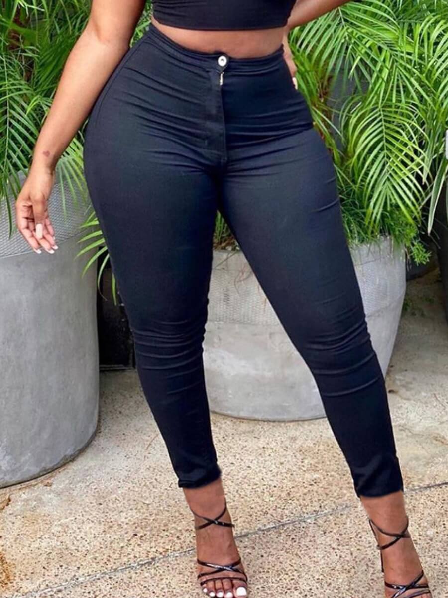 

LW BASICS Casual Mid Waist Zipper Design Black Pants