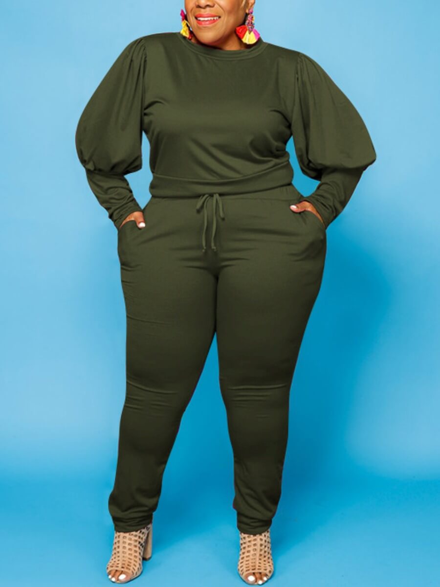 

Lovely Casual Ruffle Design Drawstring Army Green Plus Size Two-piece Pants Set