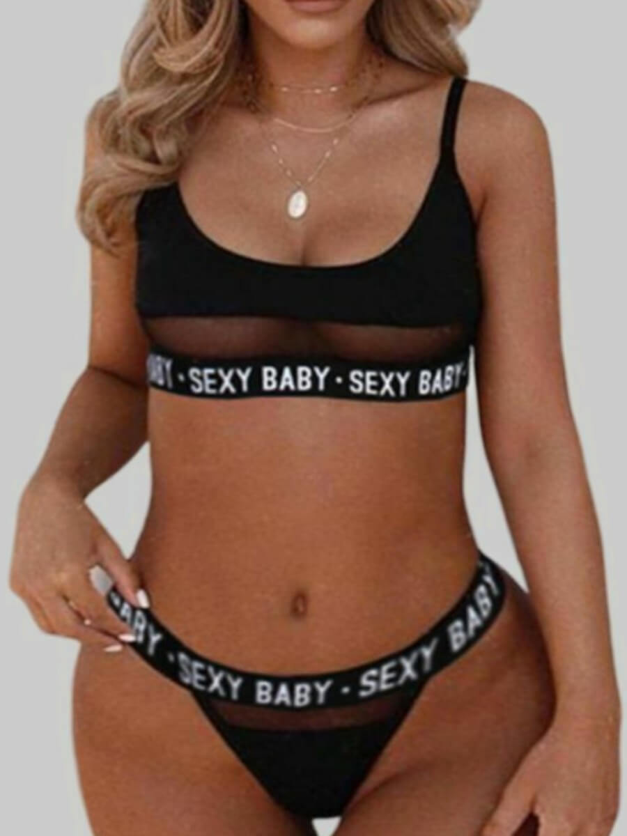 

LW SXY Plus Size Letter Print Mesh Patchwork Black Bra Sets