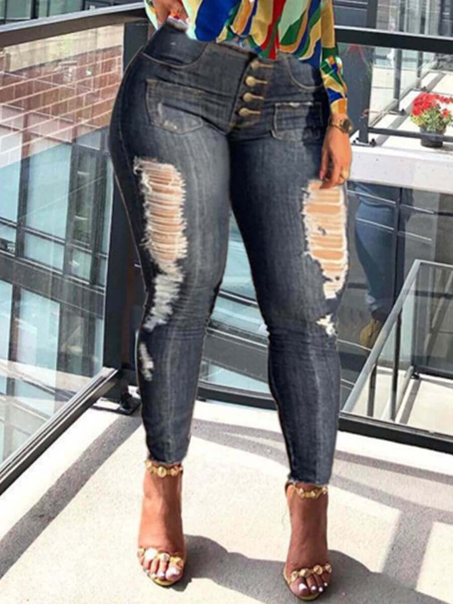 

Lovely Street Broken Holes Button Design Deep Blue Jeans
