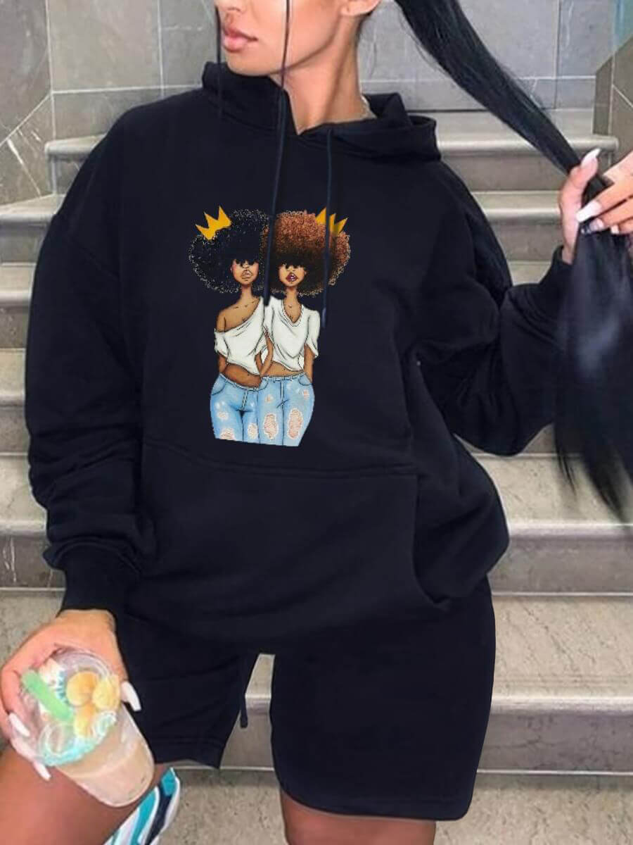 

Lovely Trendy Face Print Kangaroo Pocket Black Plus Size Hoodie