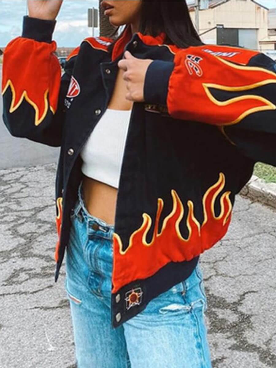

Lovely Casual Fire Print Patchwork Black Coat