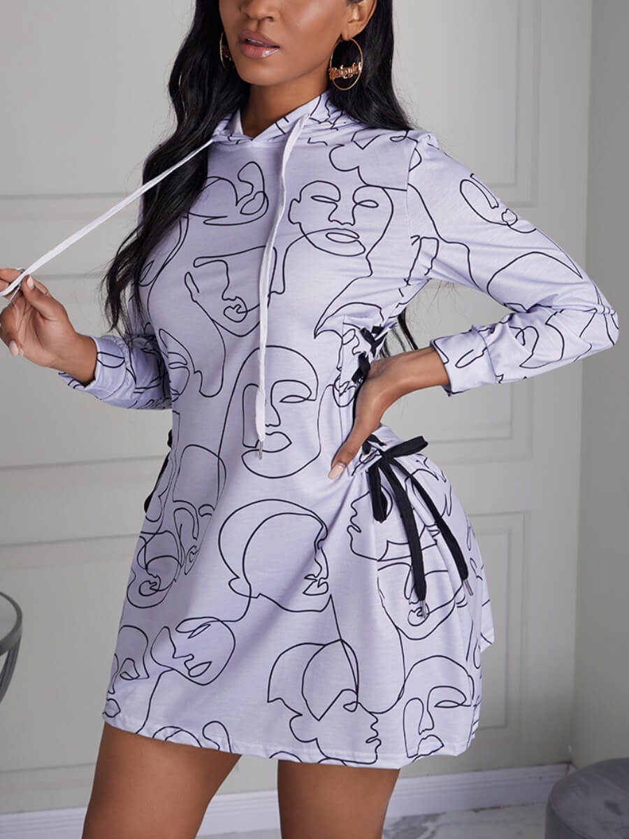 

Lovely Casual Hooded Collar Print Drawstring Grey Mini A Line Dress