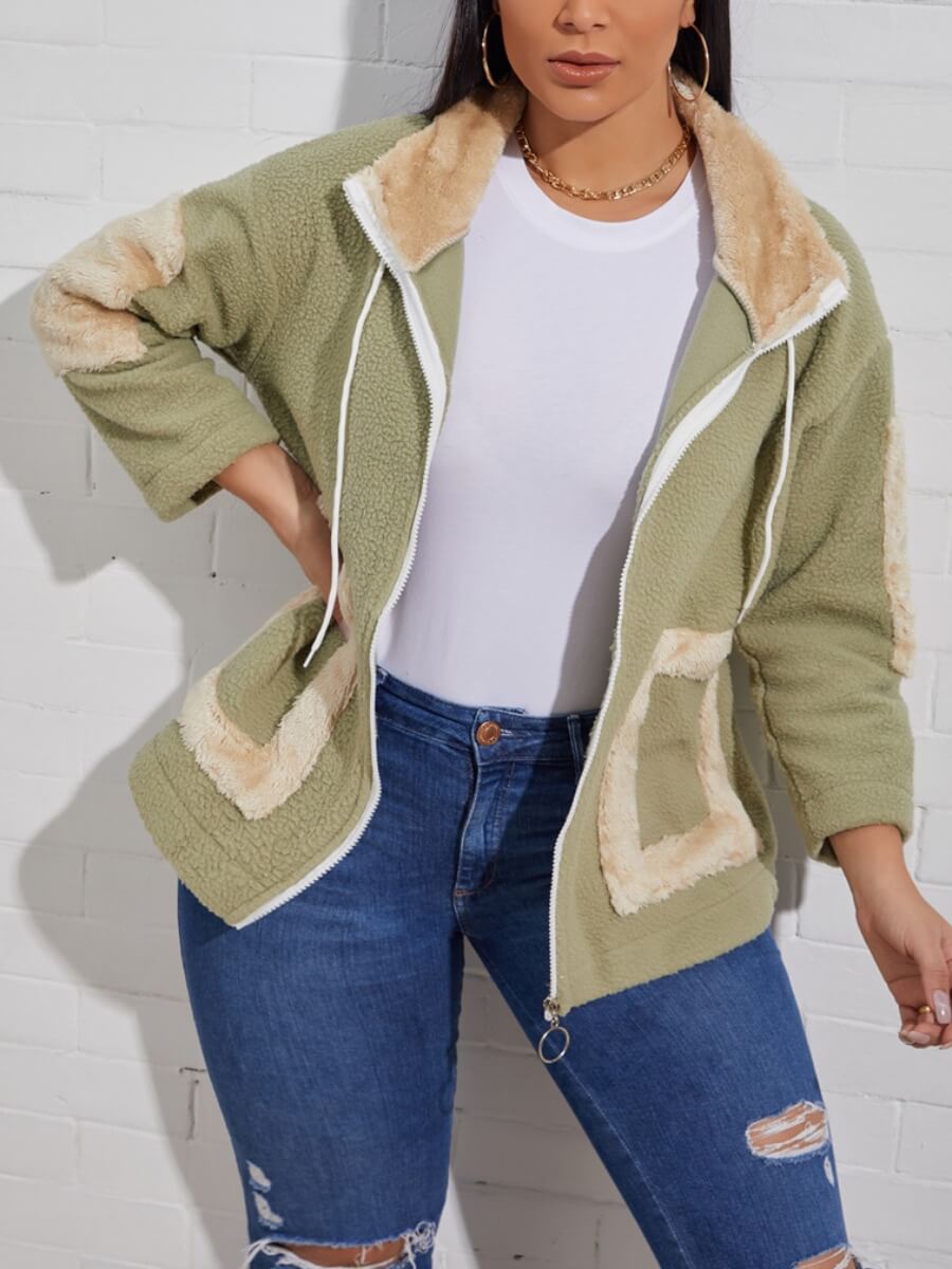 

Lovely Casual Turndown Collar Zipper Design Patchwork Green Faux Fur