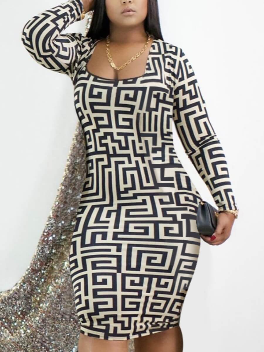 

Lovely Formal Geometric Print Patchwork Black Knee Length Dress