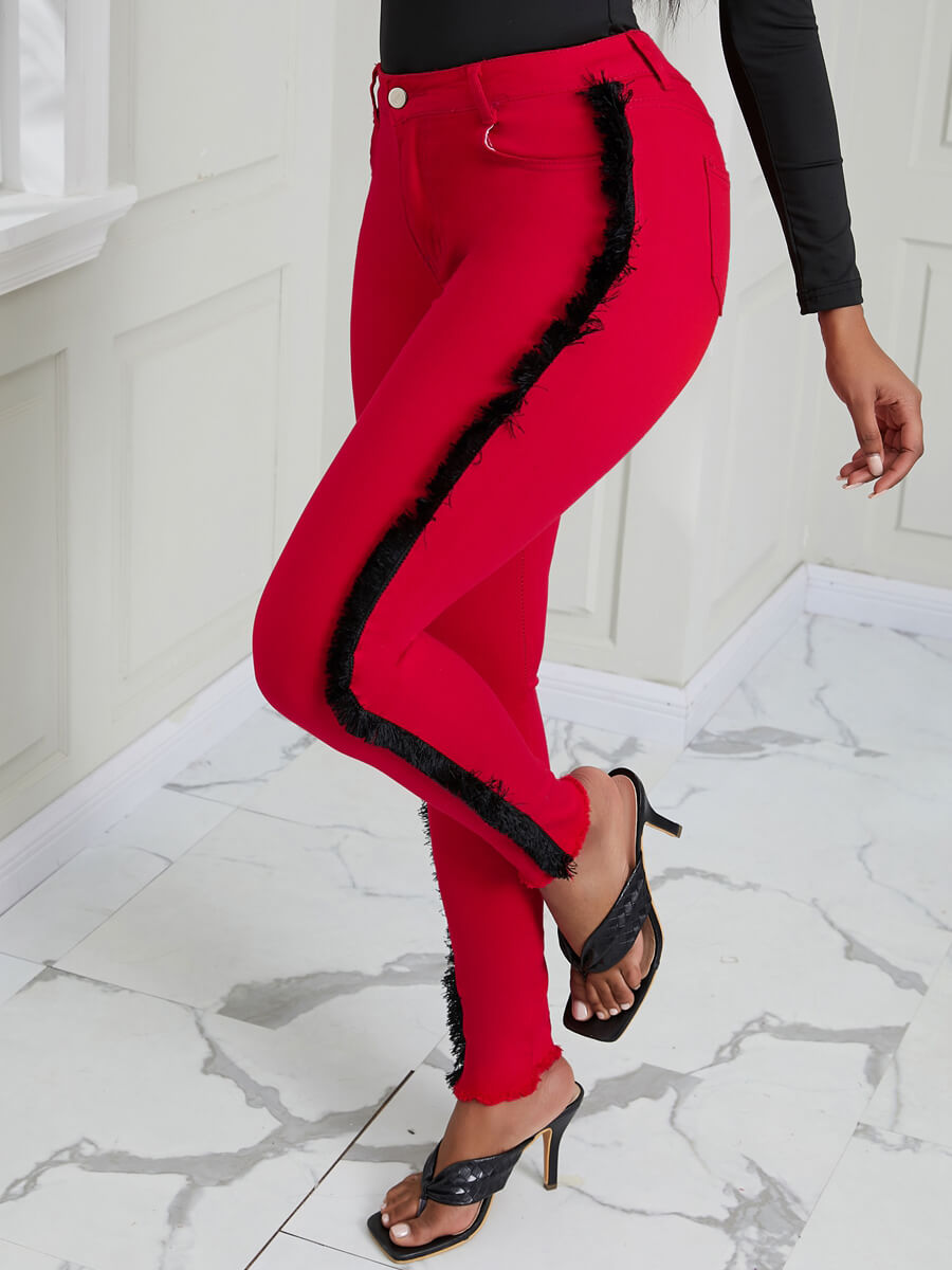 

Lovely Trendy Tassel Design Patchwork Red Pants