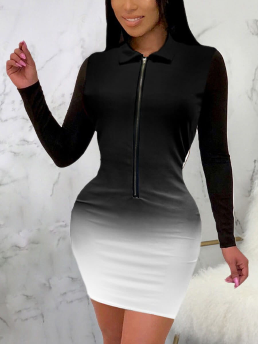 

Lovely Street Turndown Collar Gradient Black Mini Dress