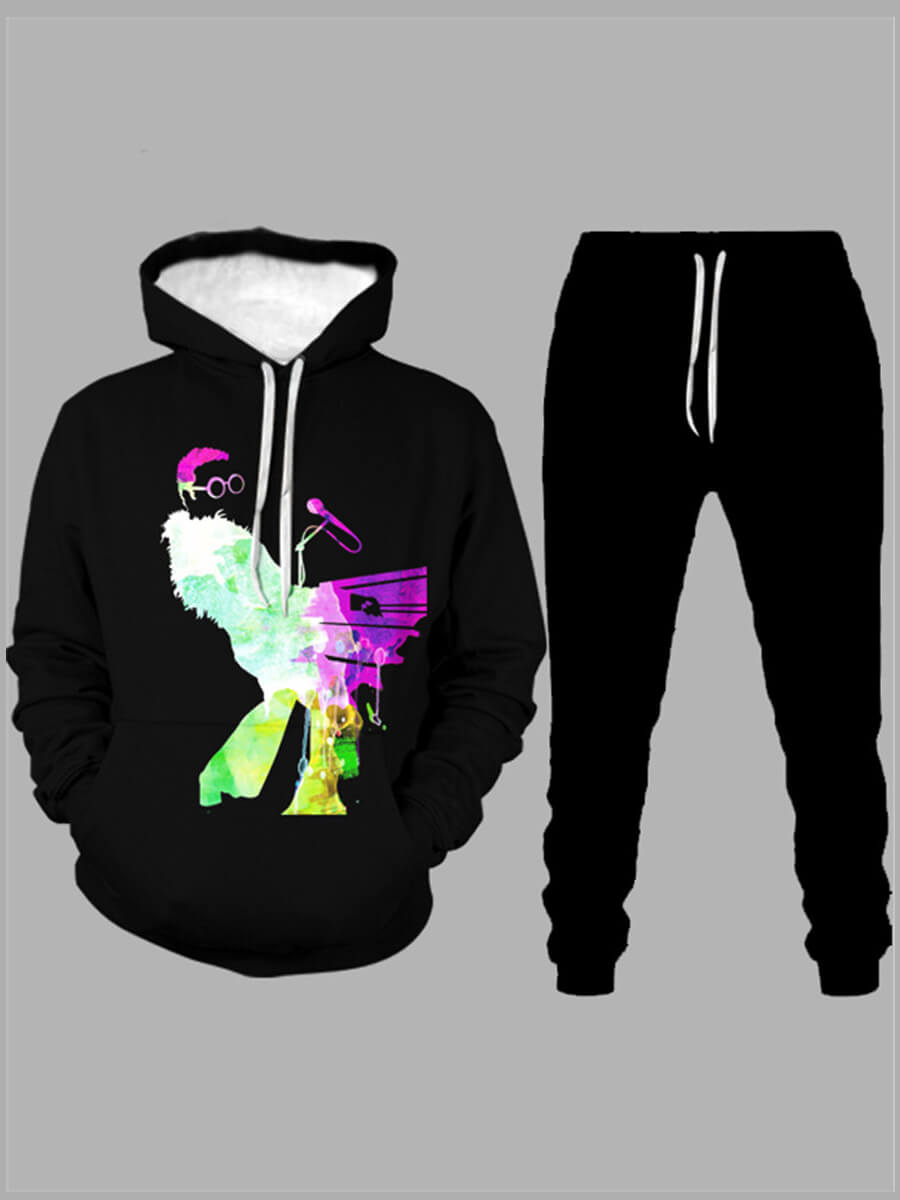 

Lovely Casual Hooded Collar Print Black Two Piece Pants Set