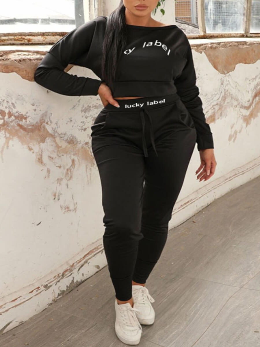 

Lovely Casual Letter Print Black Two Piece Pants Set