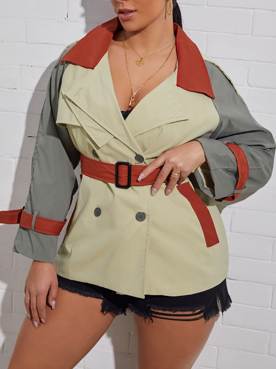 

Lovely Work Long Sleeve Patchwork Double Breasted Khaki Coat