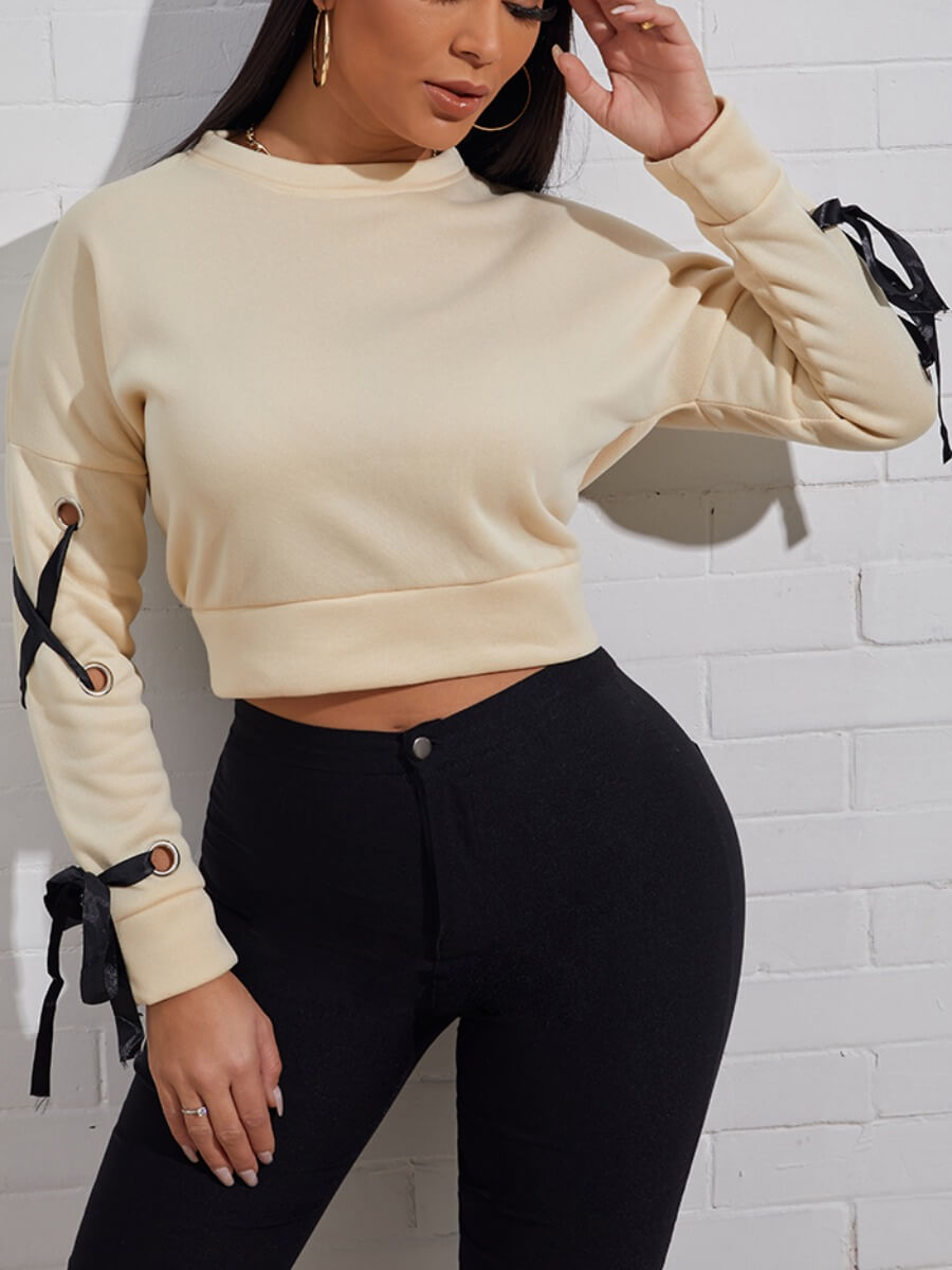 

Lovely Casual O Neck Lace-up Cream-colored Hoodie