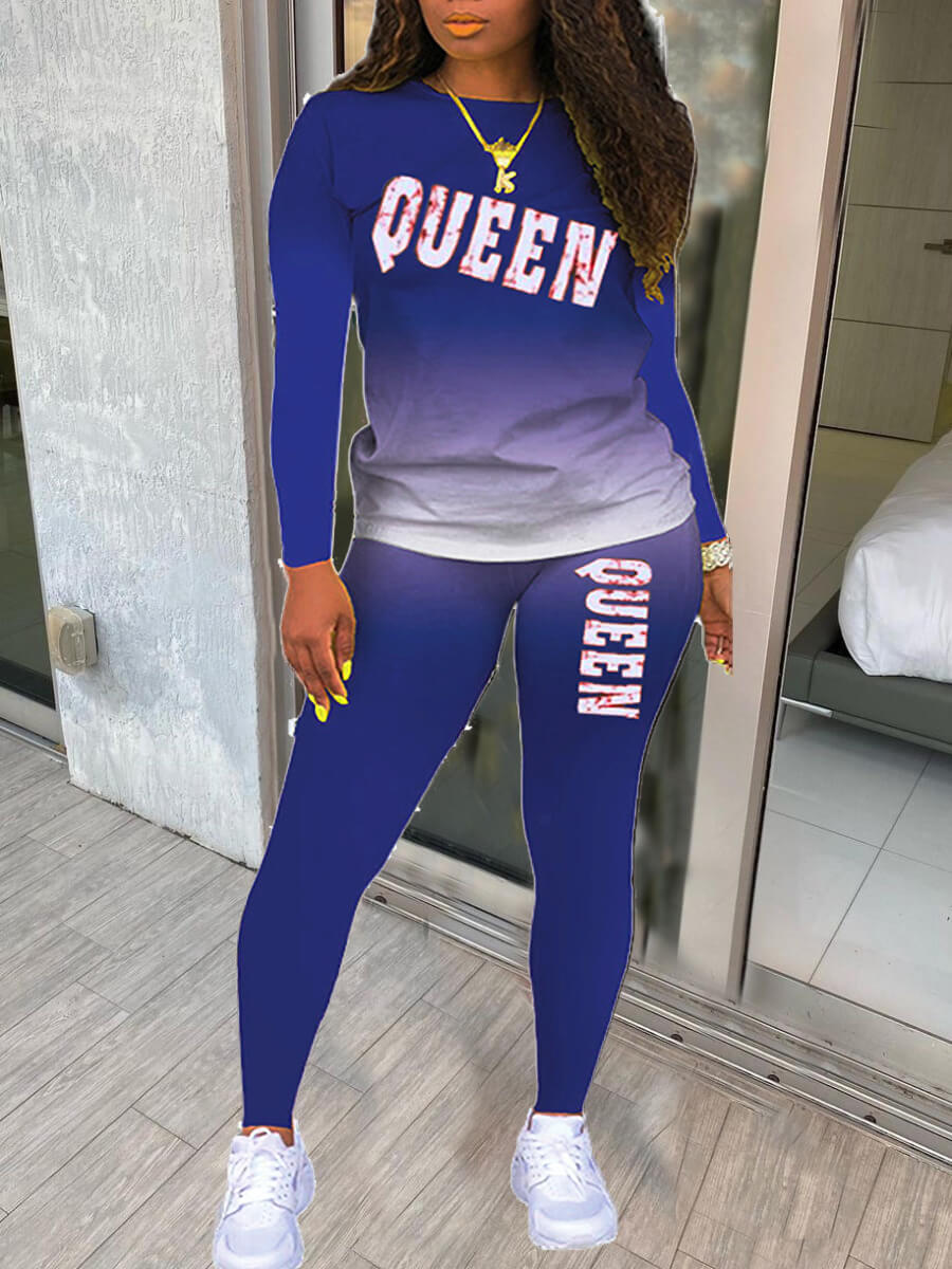 

Lovely Casual Gradient Letter Print Blue Two Piece Pants Set