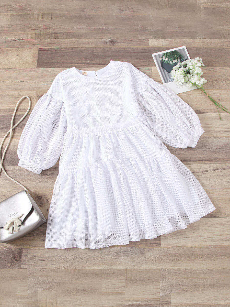 

Lovely Casual O Neck Flounce Design White Girl Knee Length Dress