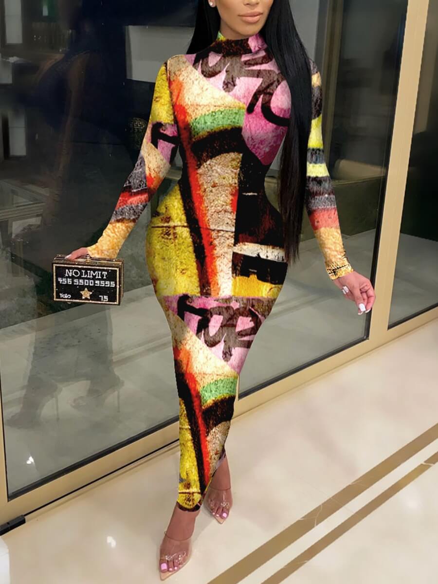 

Lovely Casual Turtleneck Print Patchwork Multicolor Ankle Length Dress, Multi