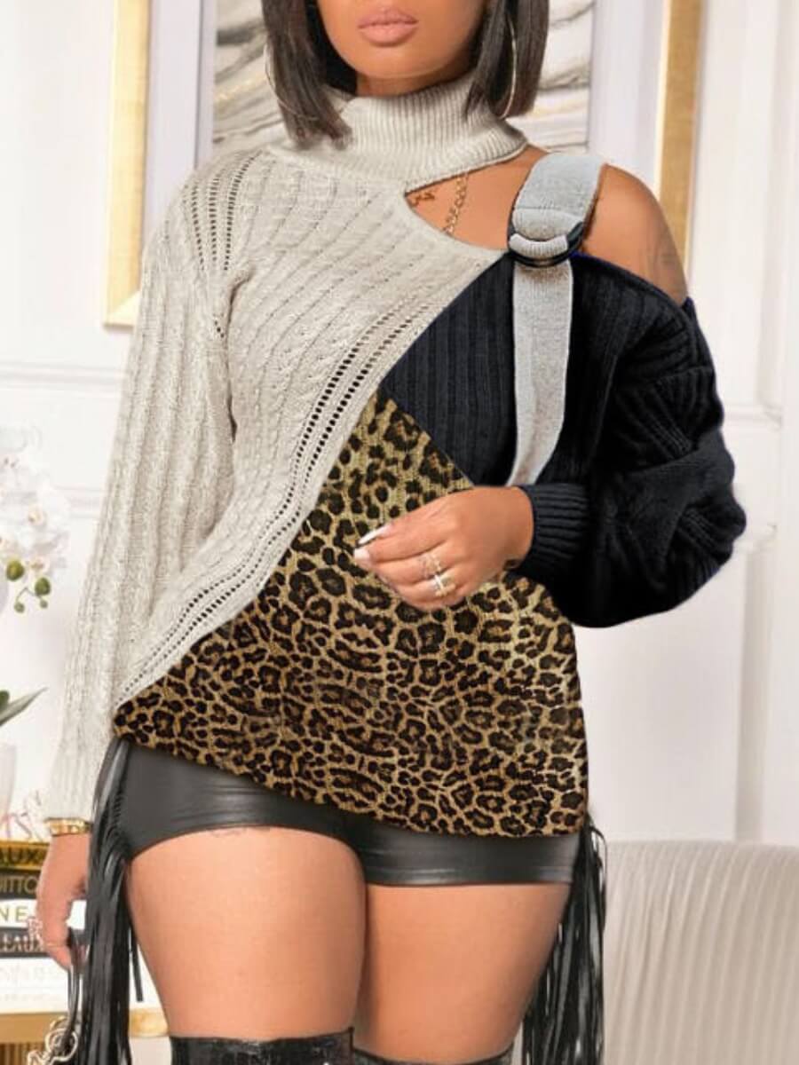 

Lovely Casual Leopard Print Patchwork Hollow-out Black Plus Size Sweater