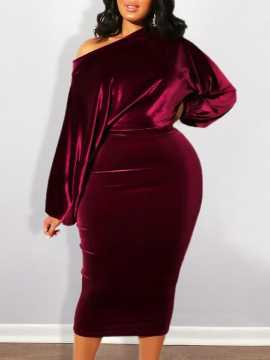 

Lovely Casual One Shoulder Wine Red Mid Calf Plus Size Dress