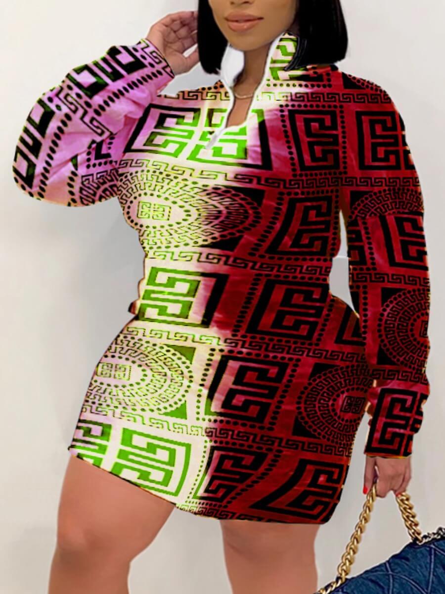

Lovely Plus Size Casual Mandarin Colla Geometric Print Red Mini Dress