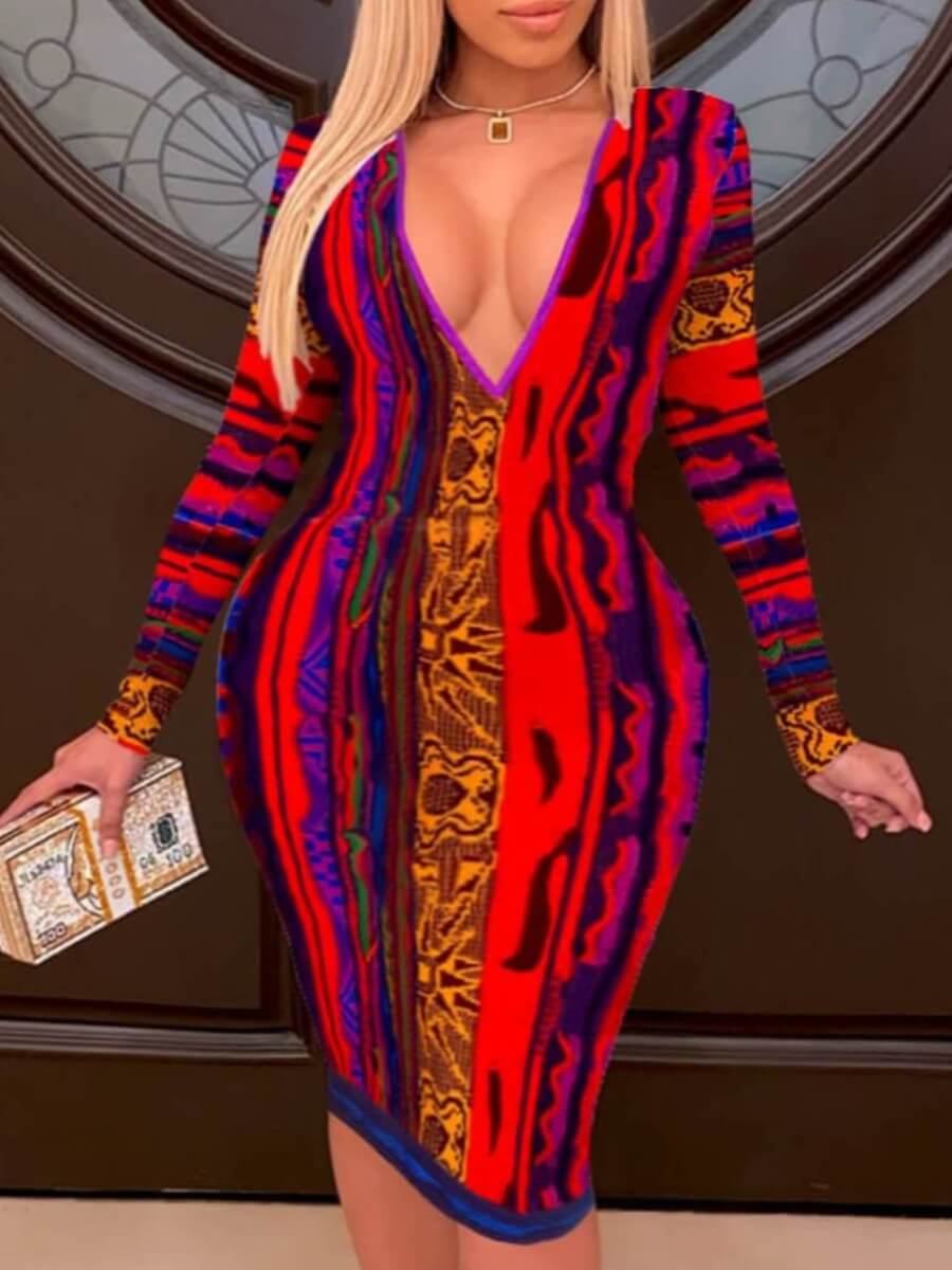 

Lovely Plus Size Sexy Deep V Neck Print Red Knee Length Dress