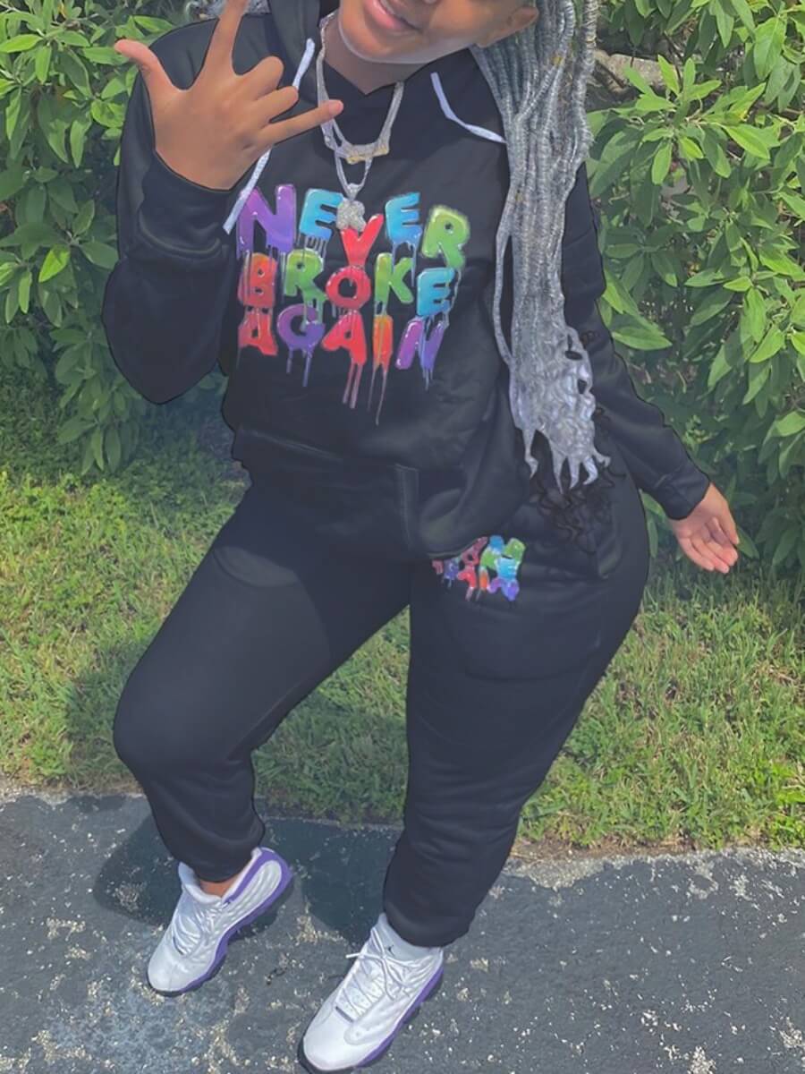 

Lovely Casual Hooded Collar Letter Print Black Plus Size Two-piece Pants Set