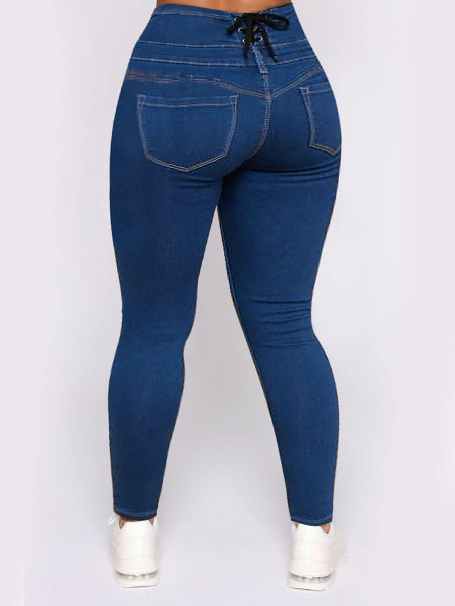

Lovely Casual High-waisted Patchwork Skyblue Jeans
