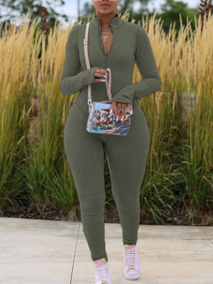 

Lovely Casual V Neck Zipper Design Green Plus Size One-piece Jumpsuit