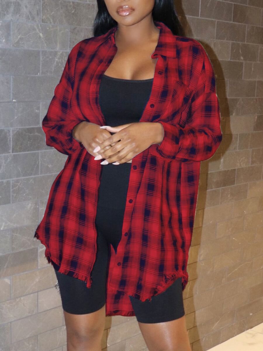 

Lovely Casual Turndown Collar Plaid Print Red Blouse