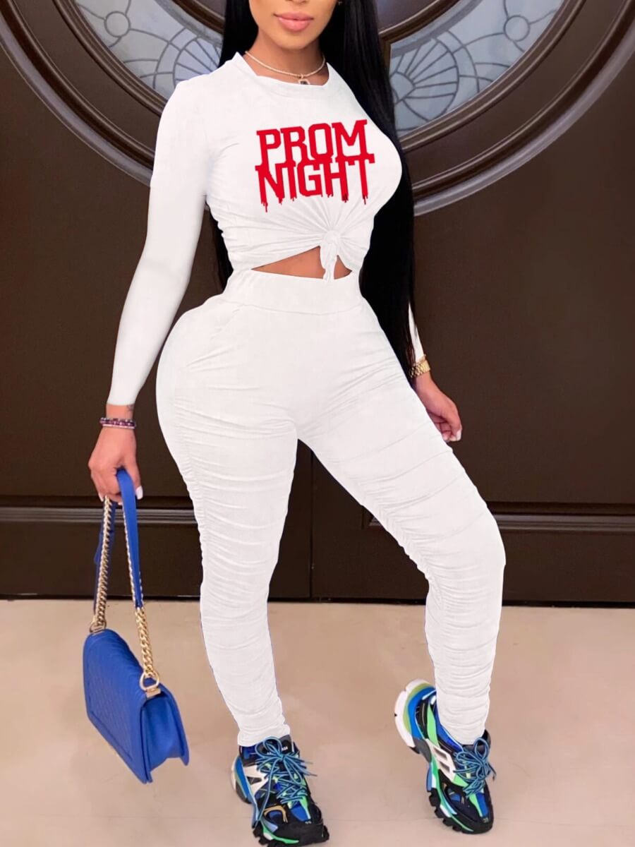 

Lovely Casual O Neck Letter Print White Two Piece Pants Set