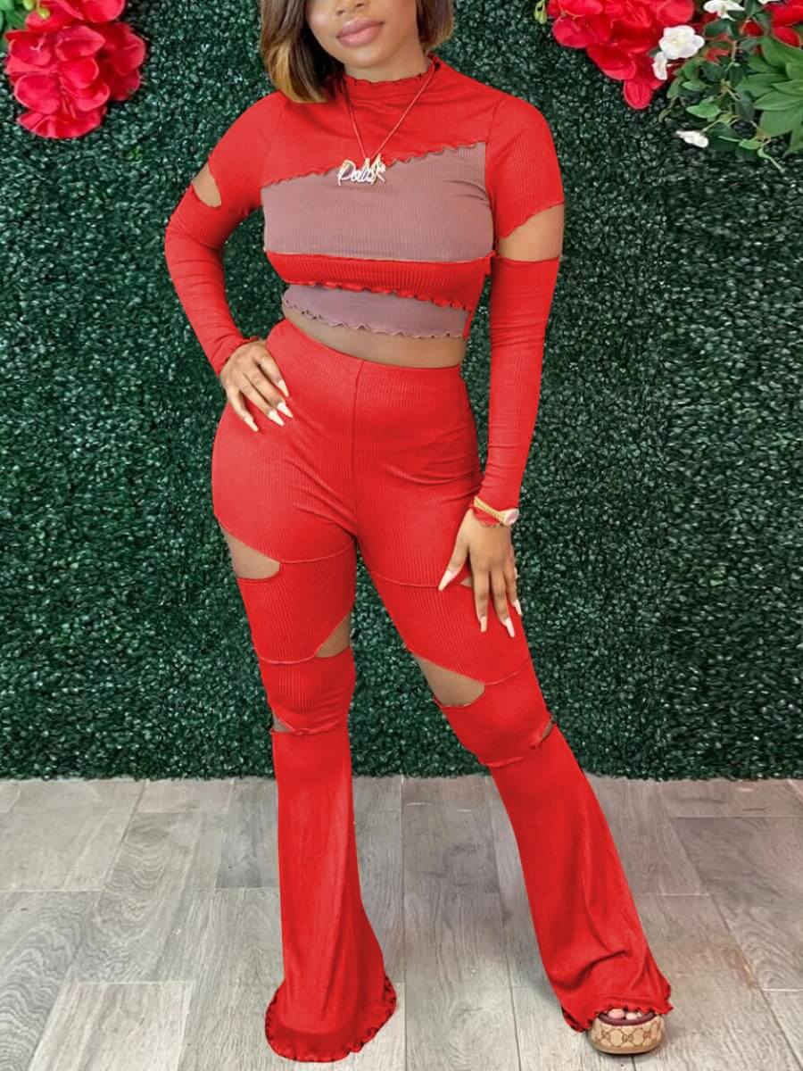 

Lovely Street Flared Ripped Patchwork Red Two Piece Pants Set