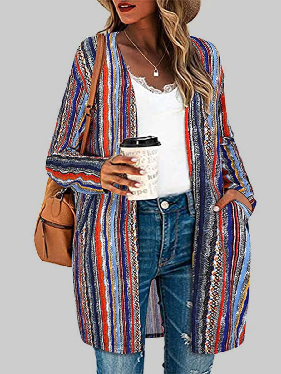 

Lovely Casual Striped Pocket Design Multicolor Plus Size Coat, Multi