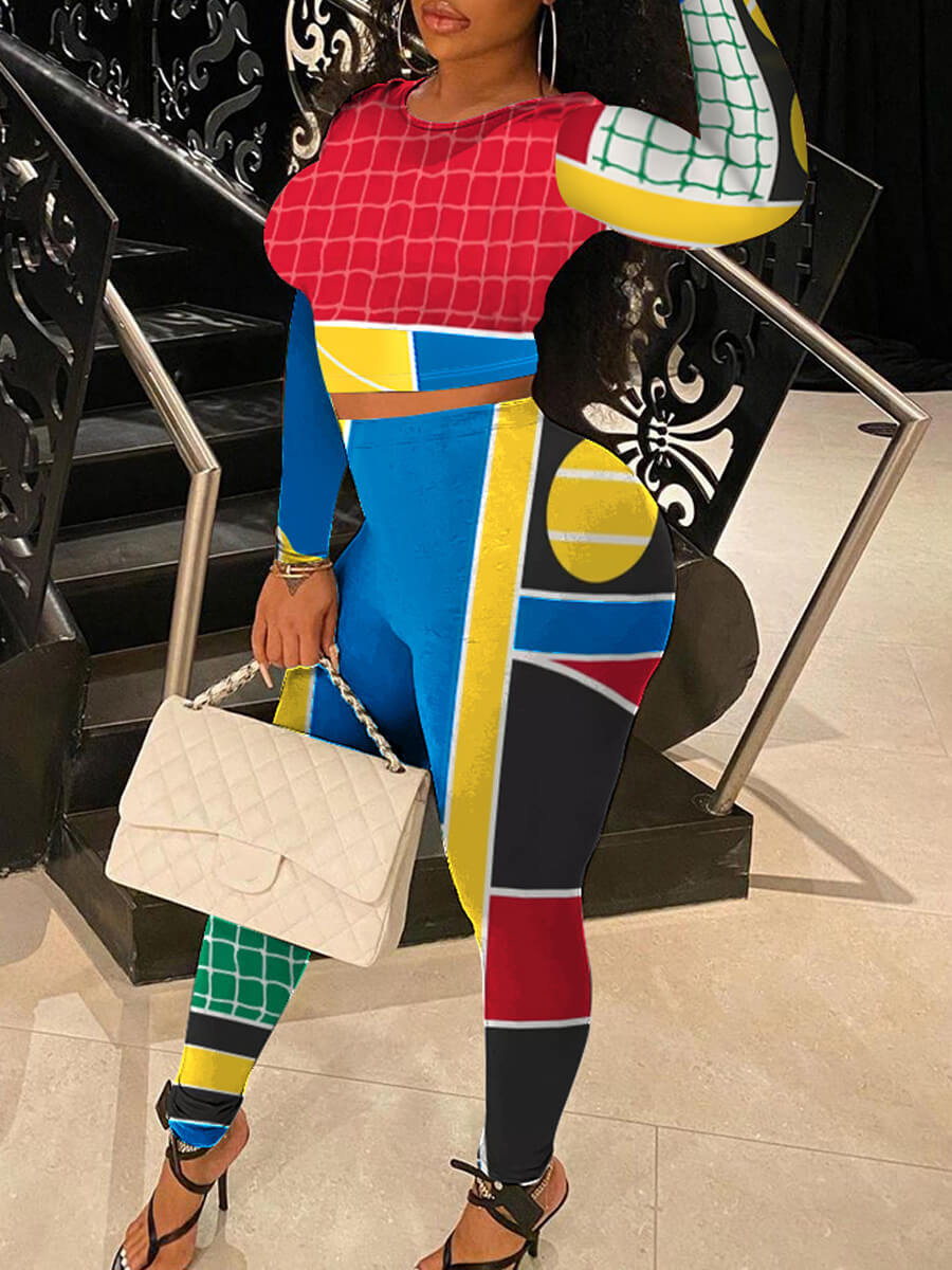 

Lovely Chic Geometric Print Color-lump Patchwork Red Two Piece Pants Set