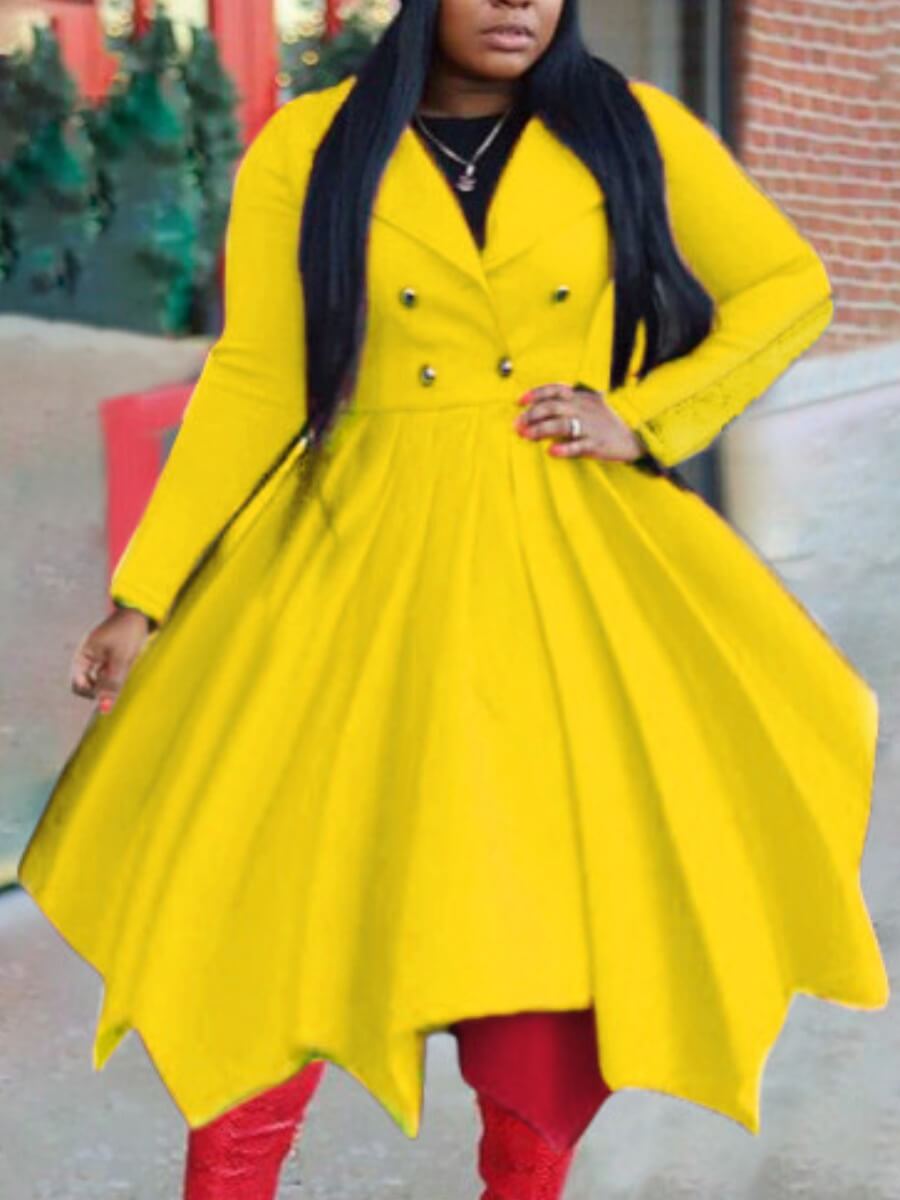 

Lovely Stylish Turndown Collar Asymmetrical Yellow Woolen Coat