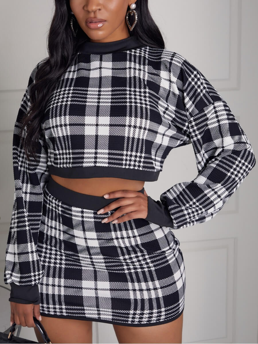 

Lovely Sweet Plaid Print Patchwork Black Two Piece Skirt Set