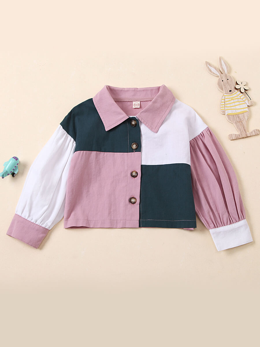 

Lovely Casual Color-lump Patchwork Fold Design Pink Girl Blouse