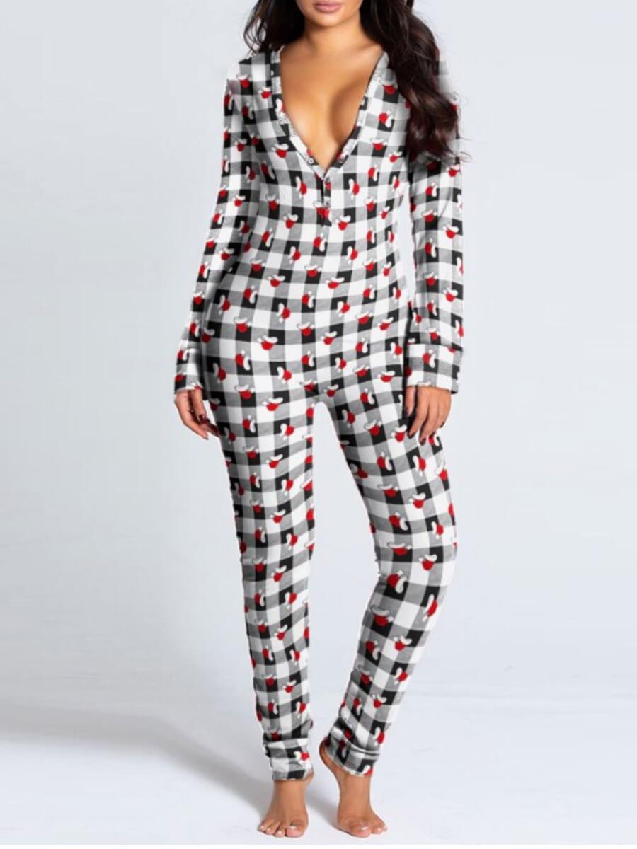 

Lovely Casual Button Design Patchwork Grey Sleepwear