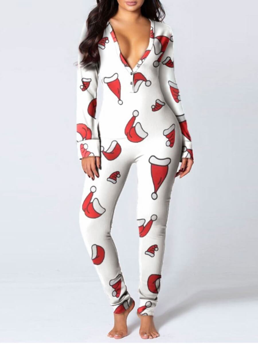 

Lovely Casual Button Design Hat Print Patchwork White Sleepwear