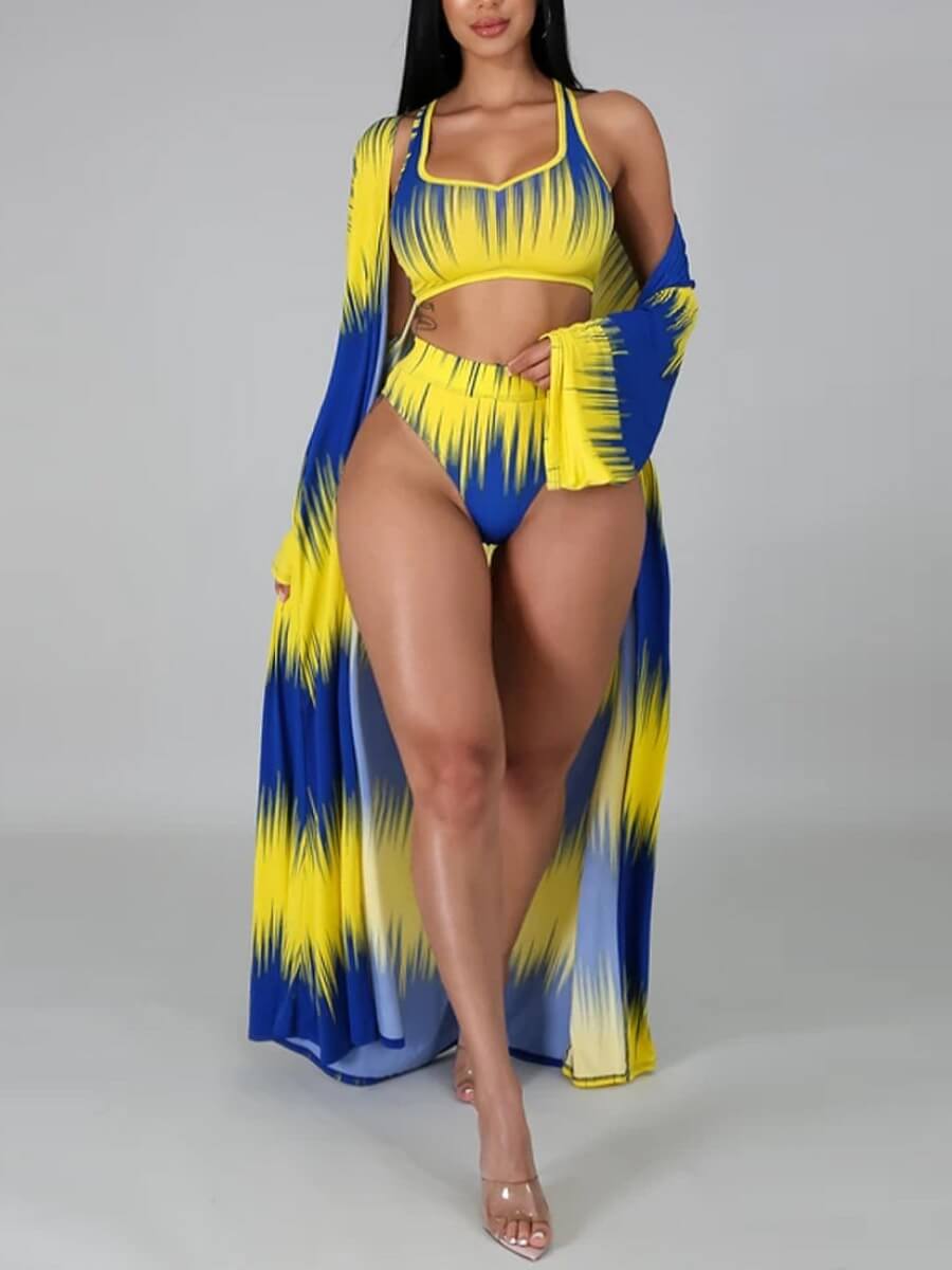 

LW Print Patchwork Three-piece Swimsuit, Blue